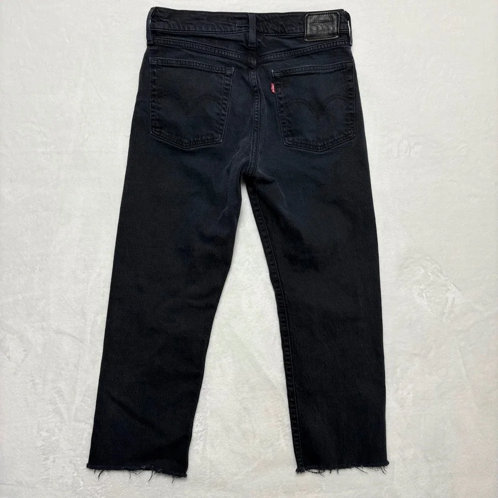 Levis Premium Wedgie Straight Jeans Black High Rise Raw Hem Womens 27 Waist